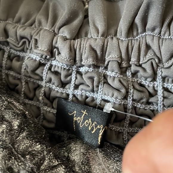 Petersyn X Revolve silver velour cocktail dress smocked off shoulder - Picture 8 of 10